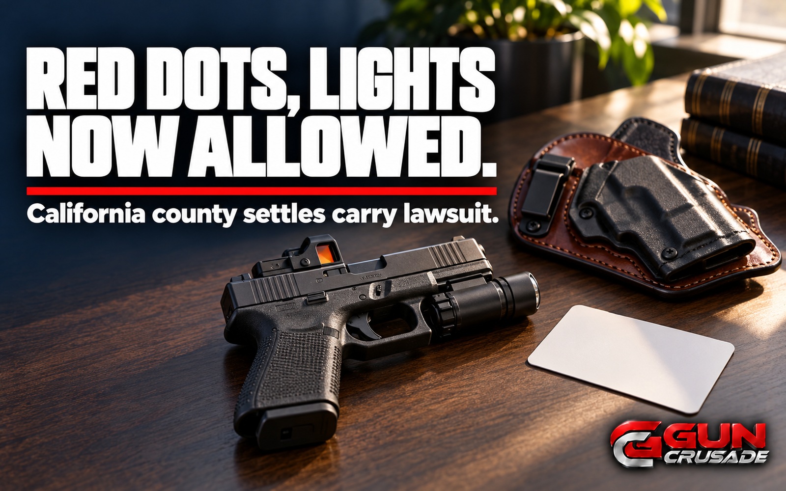 A concealed carry pistol with a red-dot sight and weapon light resting on a table next to a holster and a blank permit card.