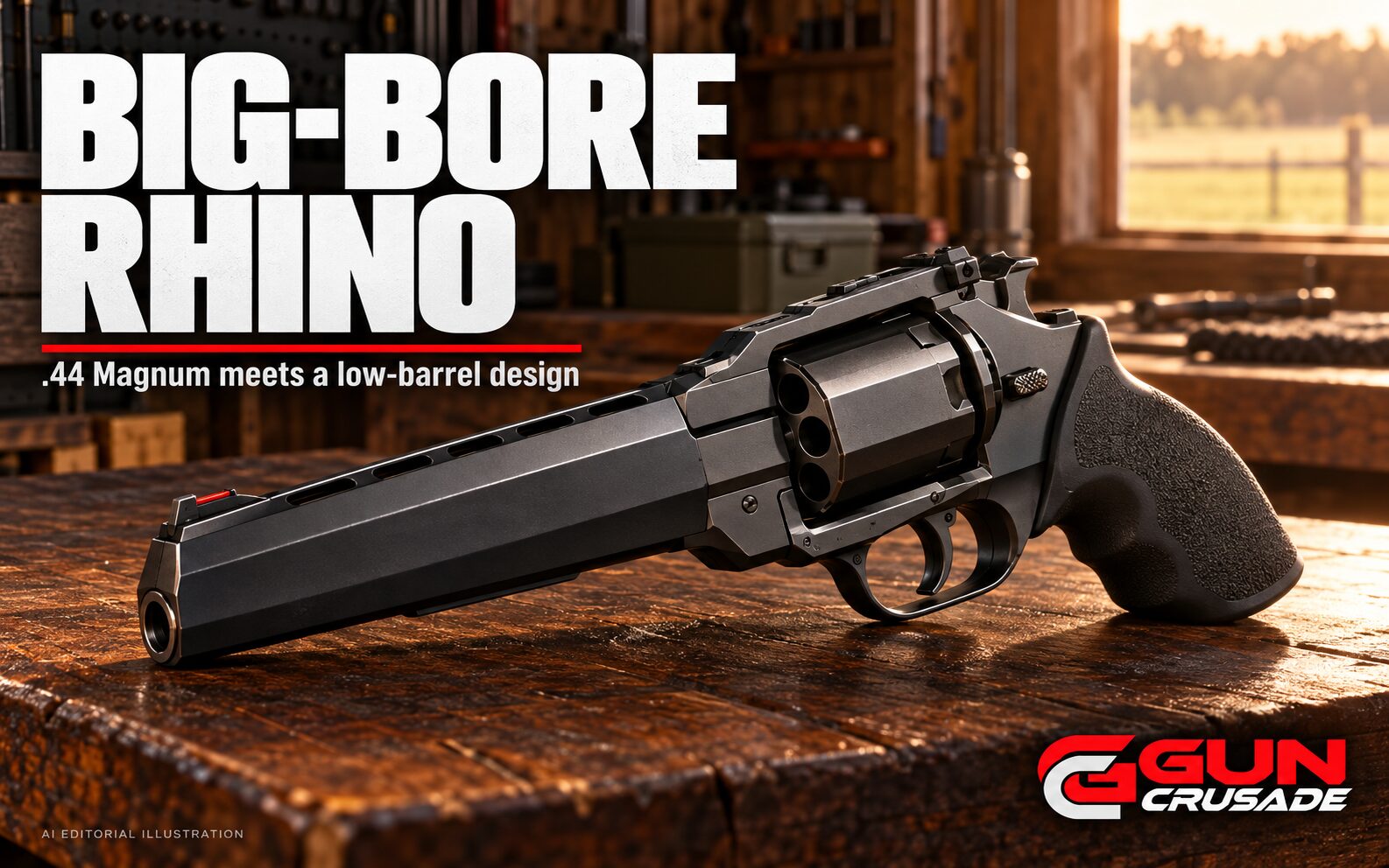 AI-generated editorial illustration: An illustrative angular large-frame revolver on a wooden workshop bench, with the GUN Crusade logo.