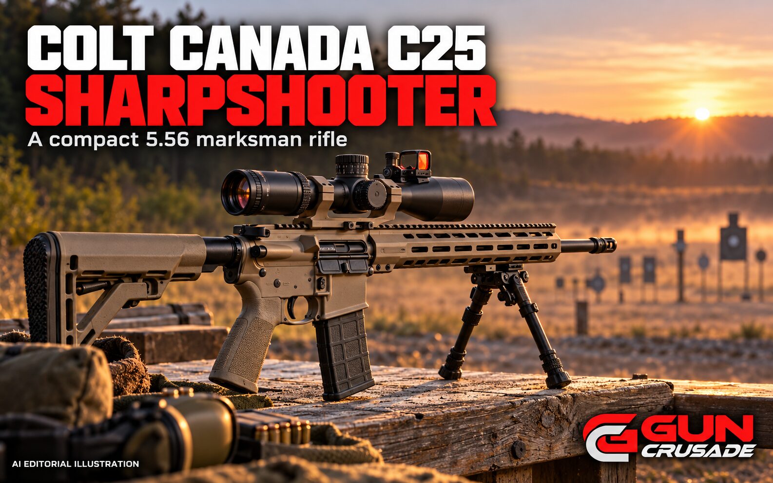AI editorial illustration of a flat dark earth AR-style marksman rifle with scope and bipod on an outdoor range bench, with the GUN Crusade logo.