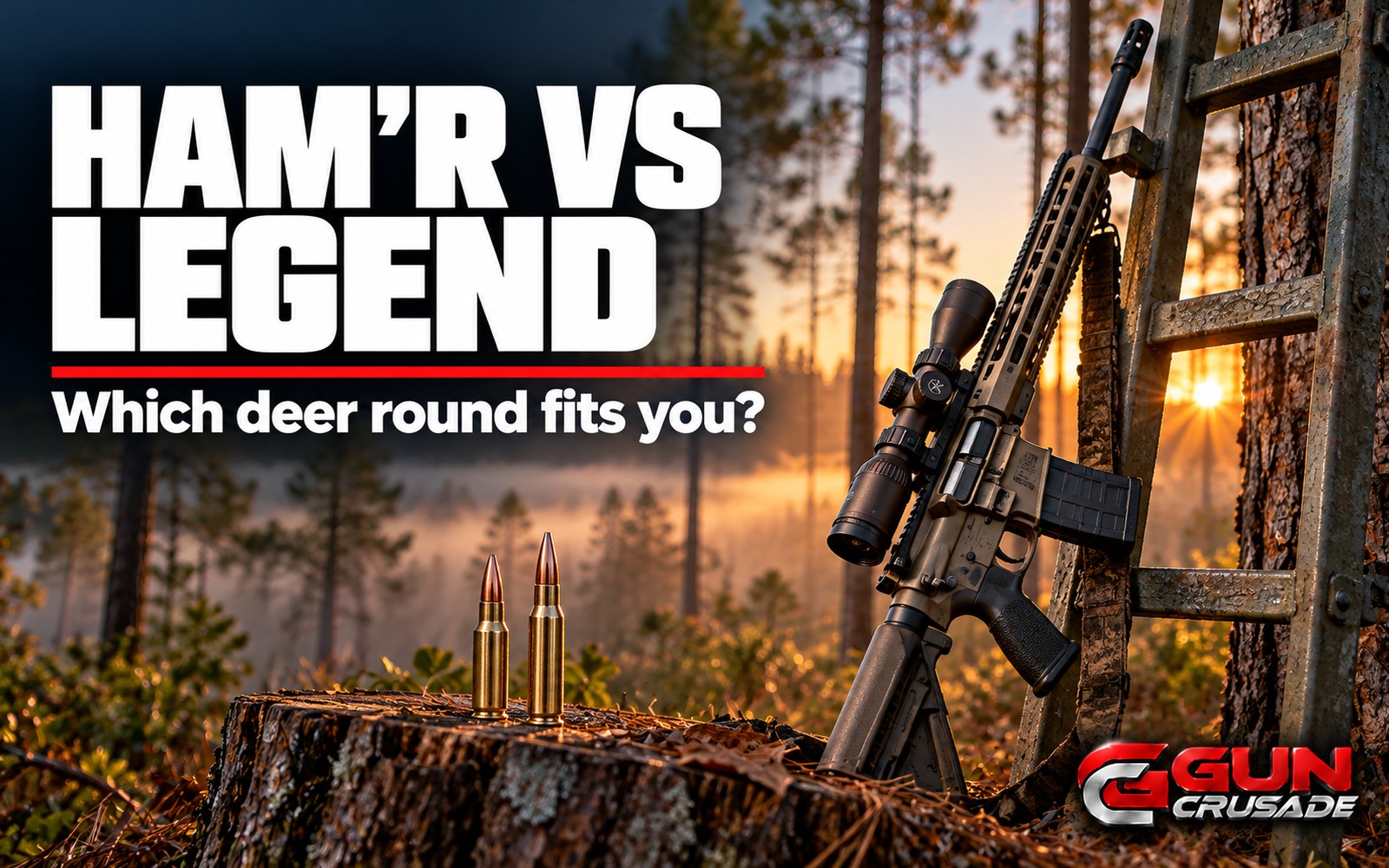 A compact AR-style hunting rifle with a low-power scope leaning against a tree stand ladder in a Southern pine forest at dawn.