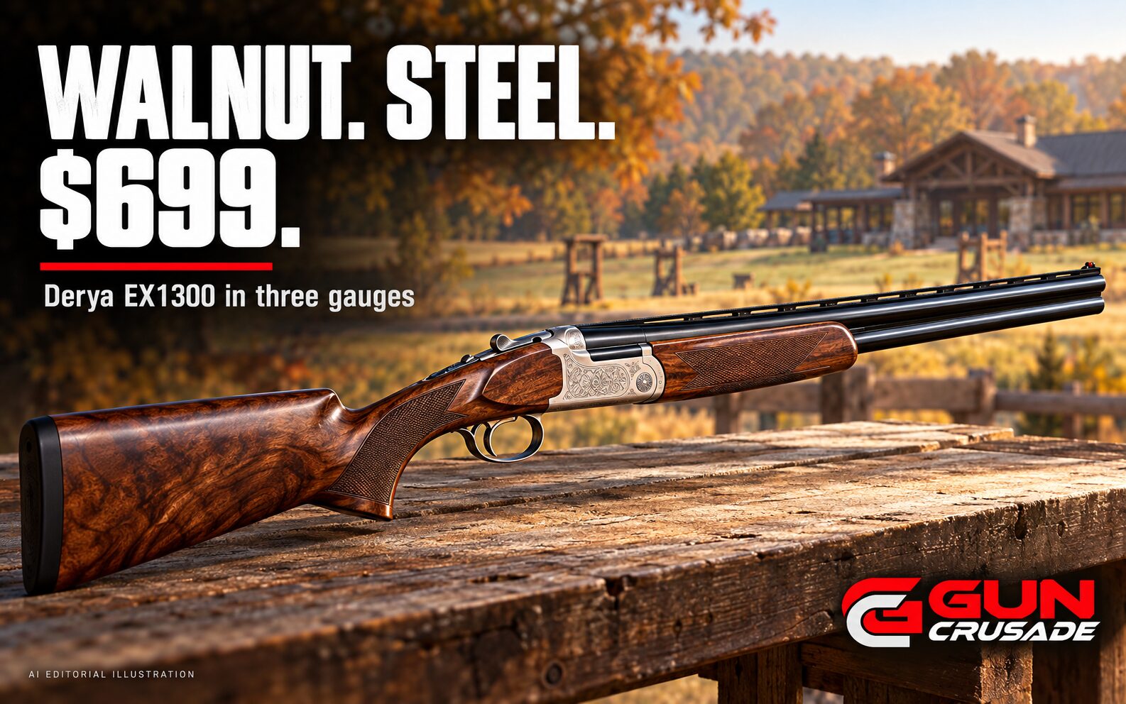 AI-generated editorial illustration: A generic walnut-stocked over/under shotgun on an autumn gun-club bench, with the GUN Crusade logo.