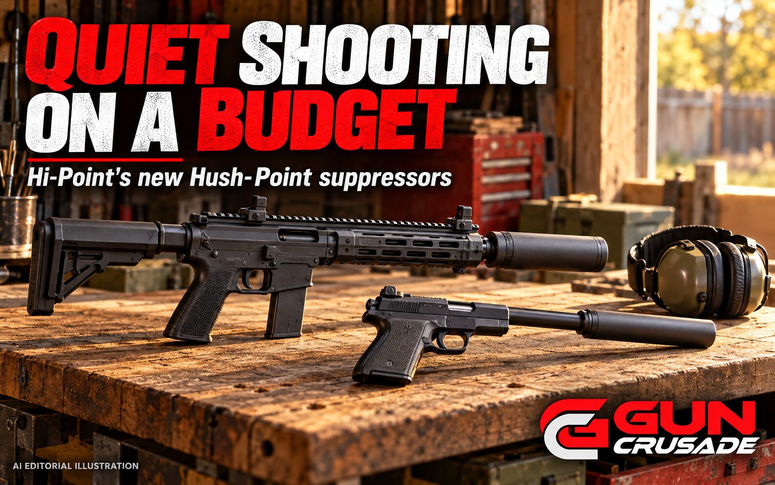 AI editorial illustration of a suppressed carbine and rimfire-style pistol on a workshop table with earmuffs and the GUN Crusade logo.