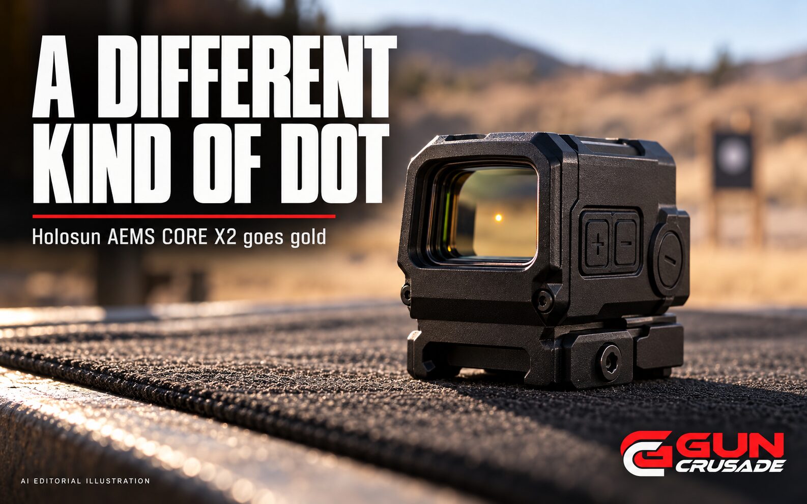 AI-generated editorial illustration: A generic enclosed gold-dot rifle optic on a dark range mat, with the GUN Crusade logo.