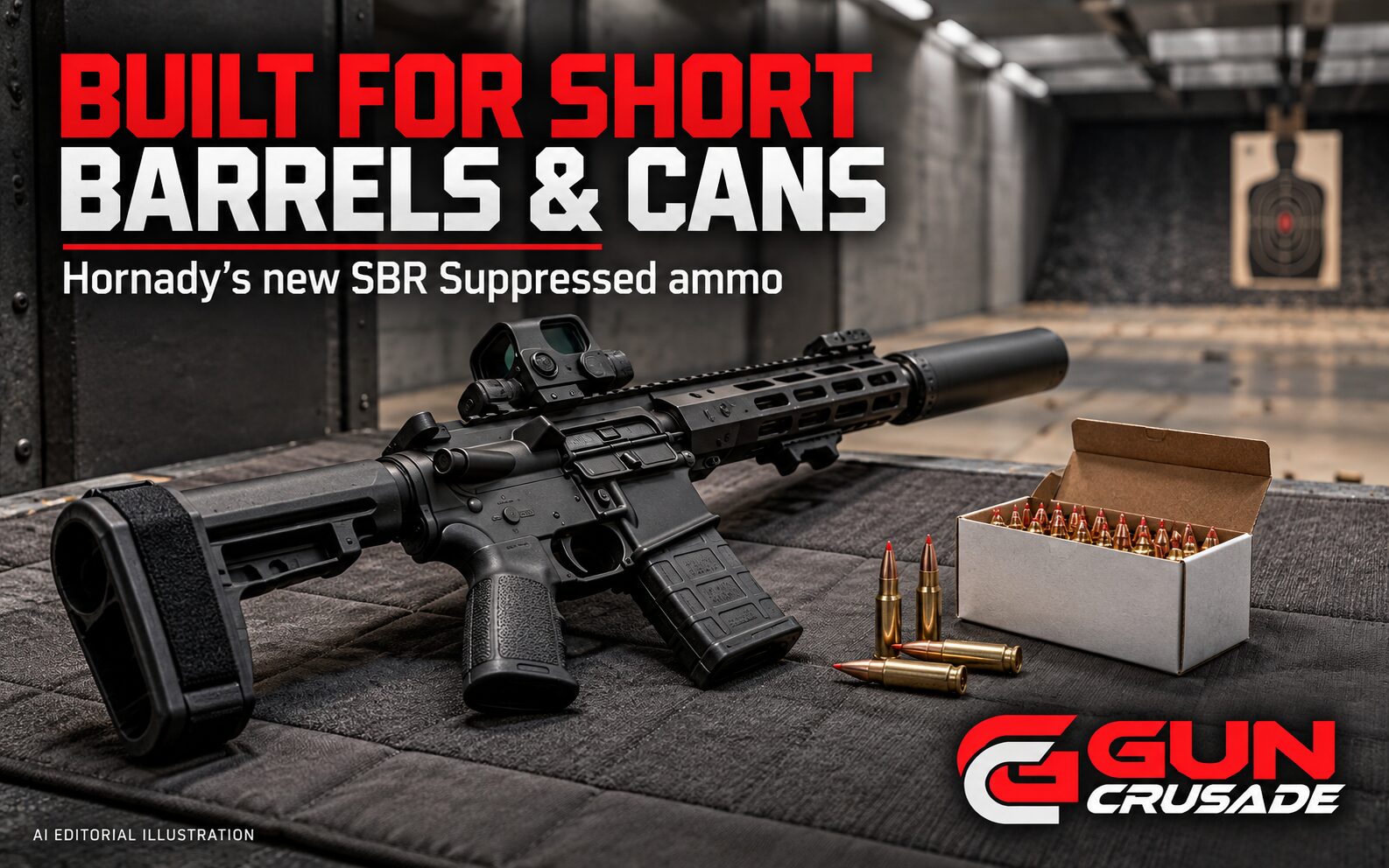 AI editorial illustration of a suppressed AR-style firearm on a gray range mat beside generic rifle ammunition, with the GUN Crusade logo.