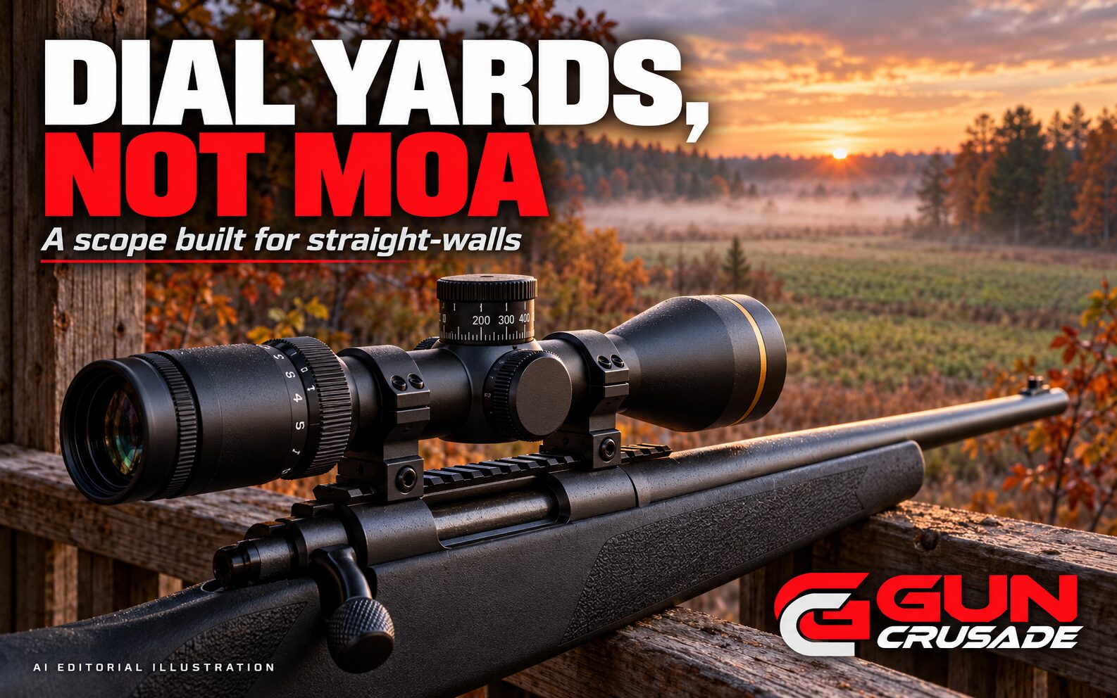 AI-generated editorial illustration: A bolt-action deer rifle topped with a compact black riflescope rests on a shooting rail overlooking a misty autumn food plot. GUN Crusade logo in the lower-right corner.