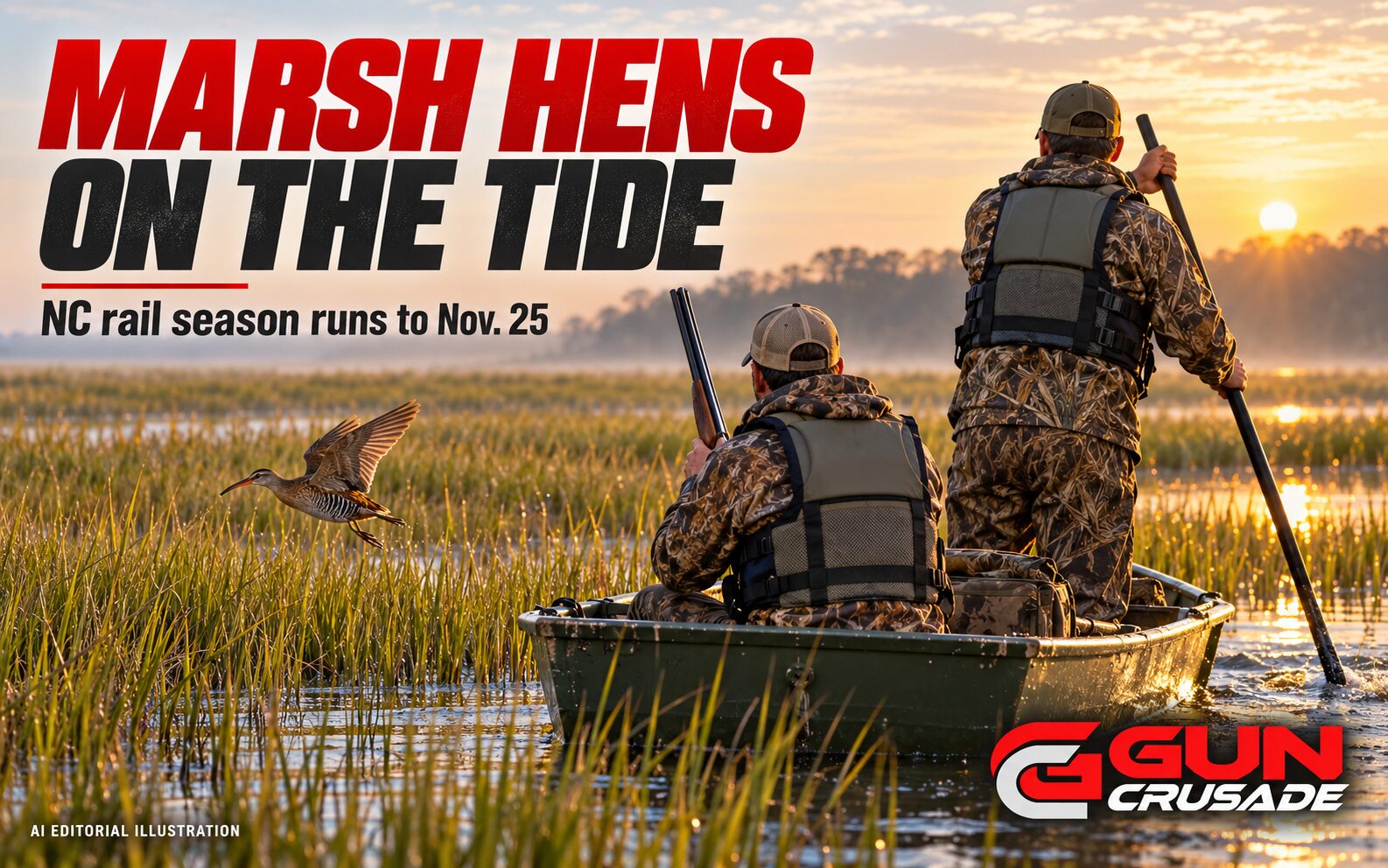 AI-generated editorial illustration: A hunter with an over/under shotgun stands in the bow of a johnboat as a partner poles it through flooded salt marsh grass at high tide. GUN Crusade logo in the lower-right corner.