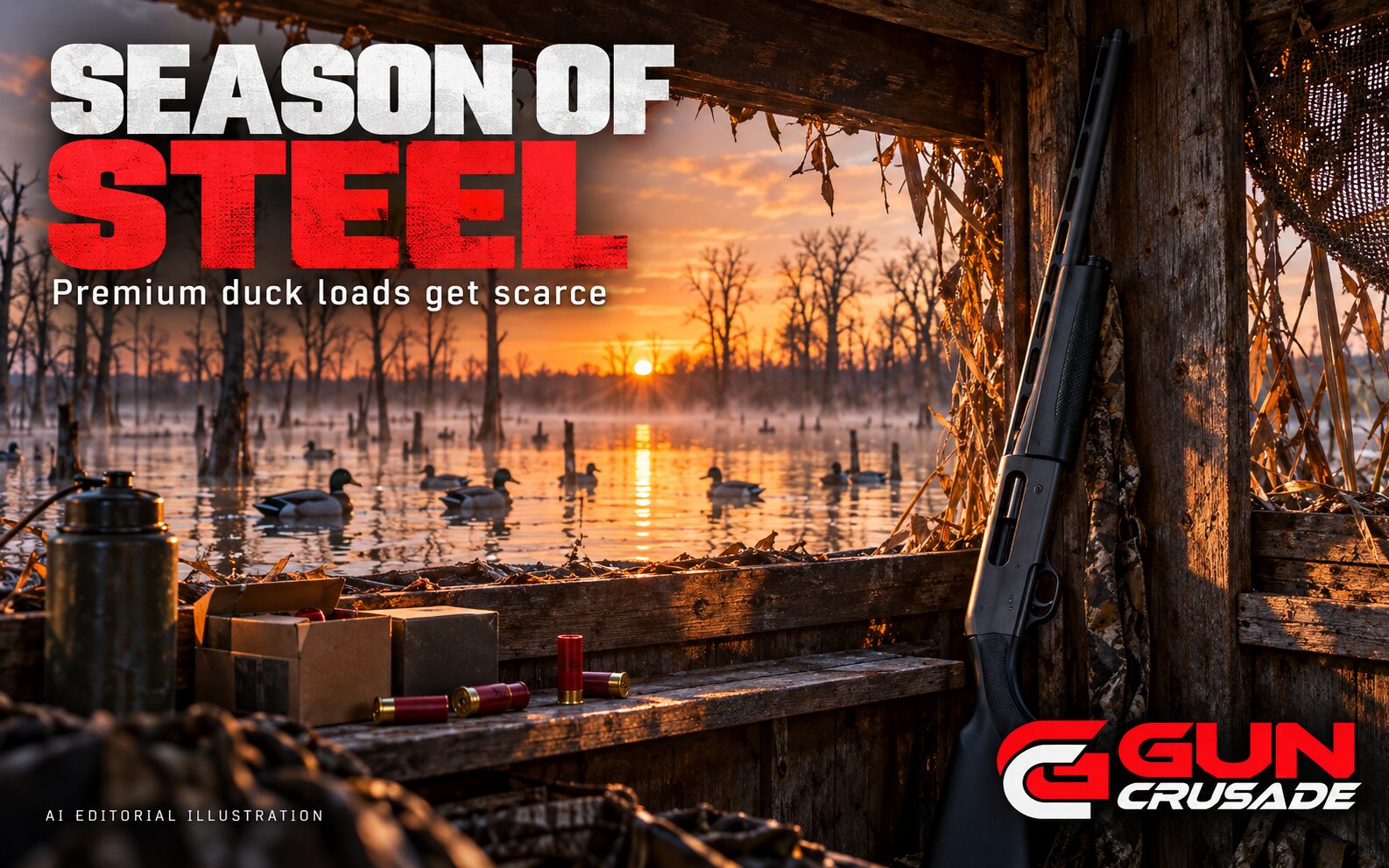 AI-generated editorial illustration: Boxes of shotgun shells and a semi-automatic shotgun rest on a wooden duck blind shelf at dawn over a flooded timber hole with decoys. GUN Crusade logo in the lower-right corner.