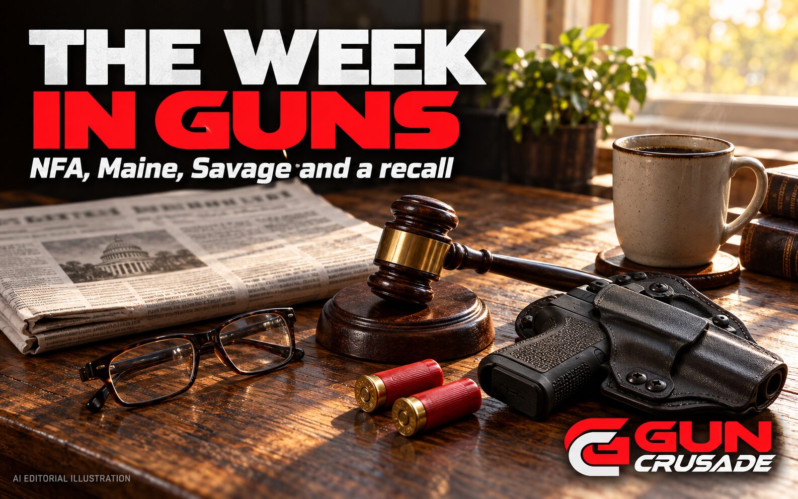 AI editorial illustration of a newspaper, gavel, holstered pistol, two red shotgun shells and coffee on a wooden desk, with the GUN Crusade logo.