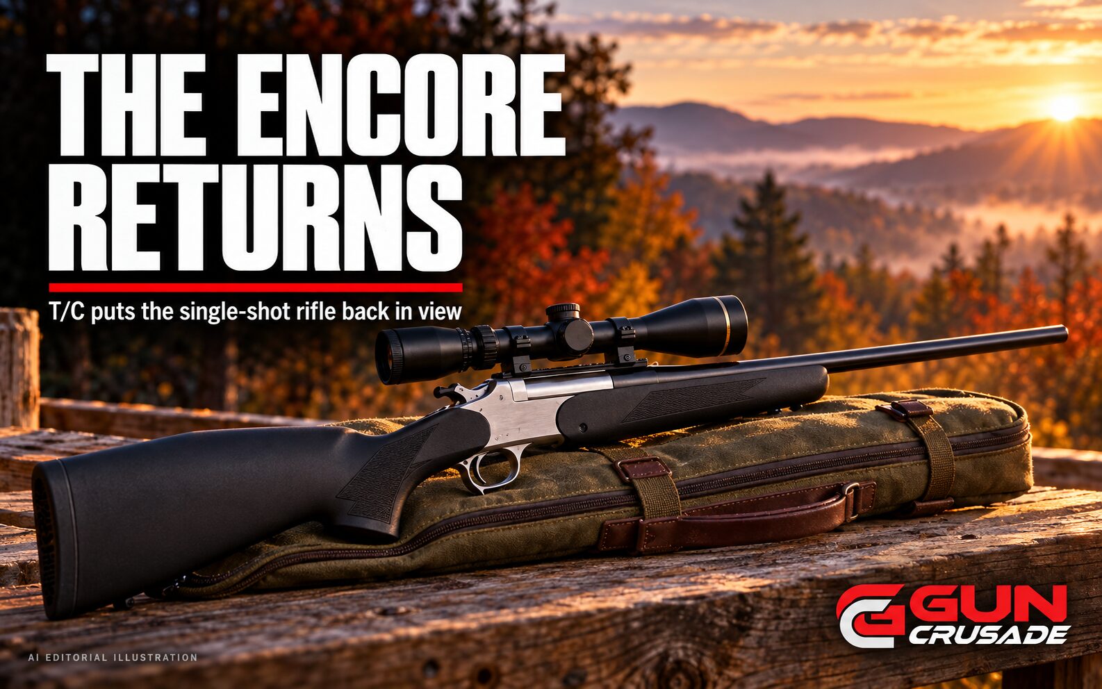 AI-generated editorial illustration: A scoped single-shot hunting rifle on a canvas case at an autumn range, with the GUN Crusade logo.